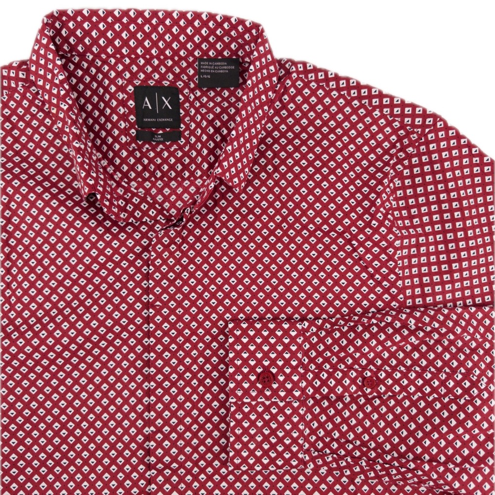 Armani Exchange Mens Large Button Down Red White Geometric Pattern Slim Fit